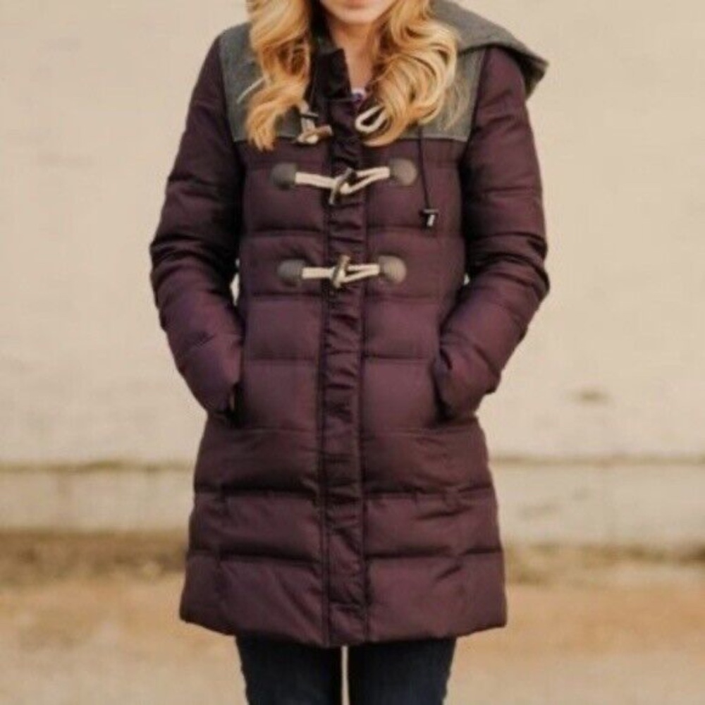 Anthropologie Plum Puffer Coat with Gray Hood Yoke